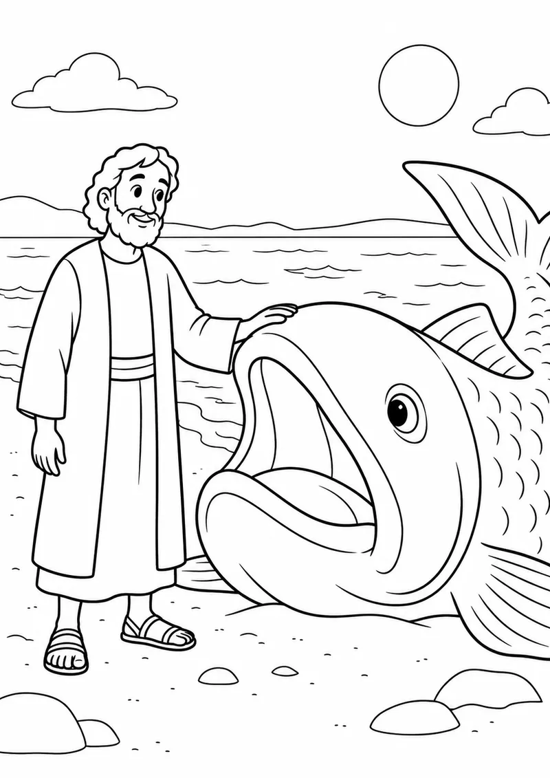 Jonas ao lado do grande peixe para colorir