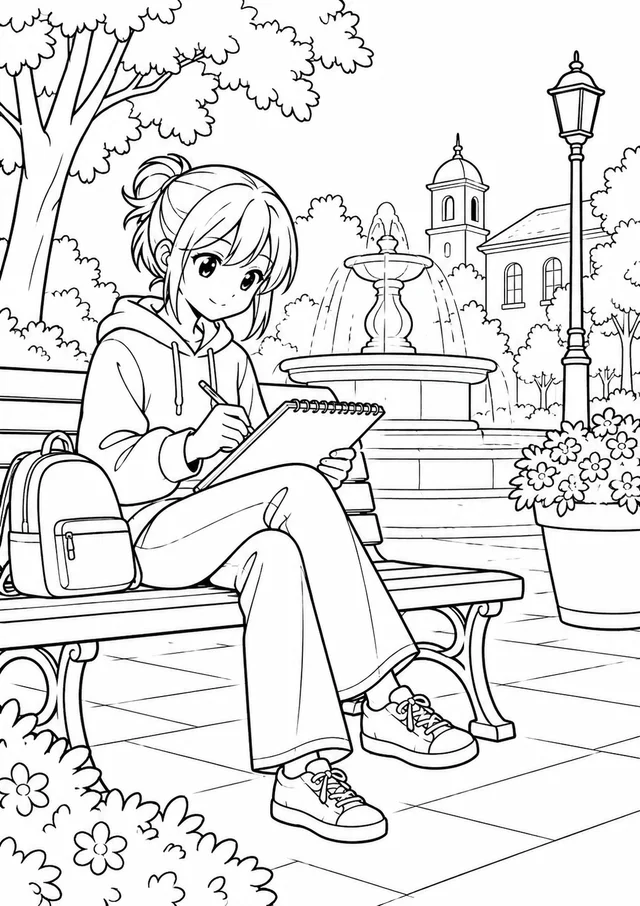 Jovem de estilo anime desenhando numa praça para colorir