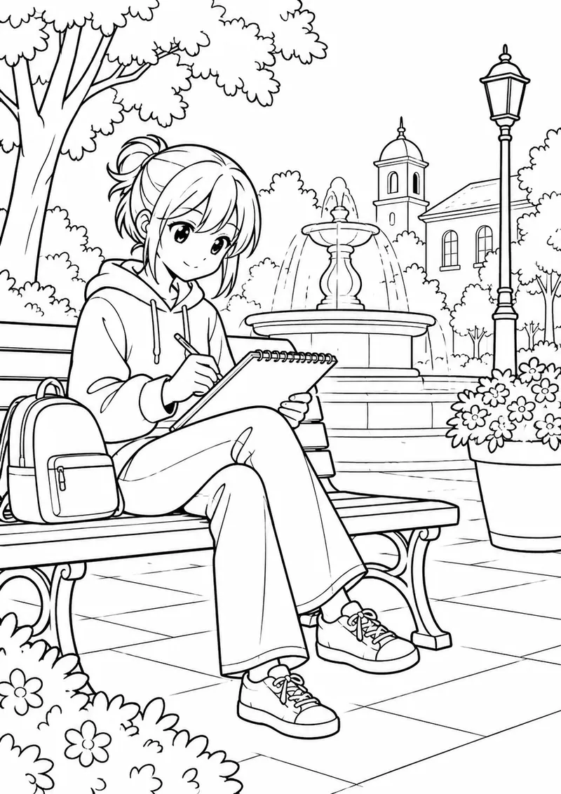 Jovem de estilo anime desenhando numa praça para colorir