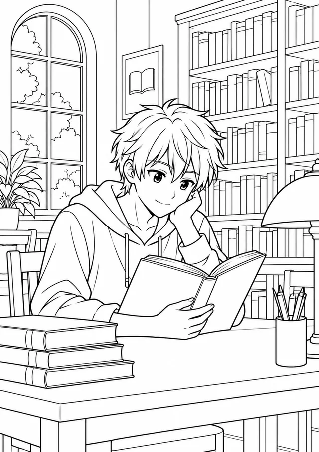 Jovem de estilo anime lendo na biblioteca para colorir