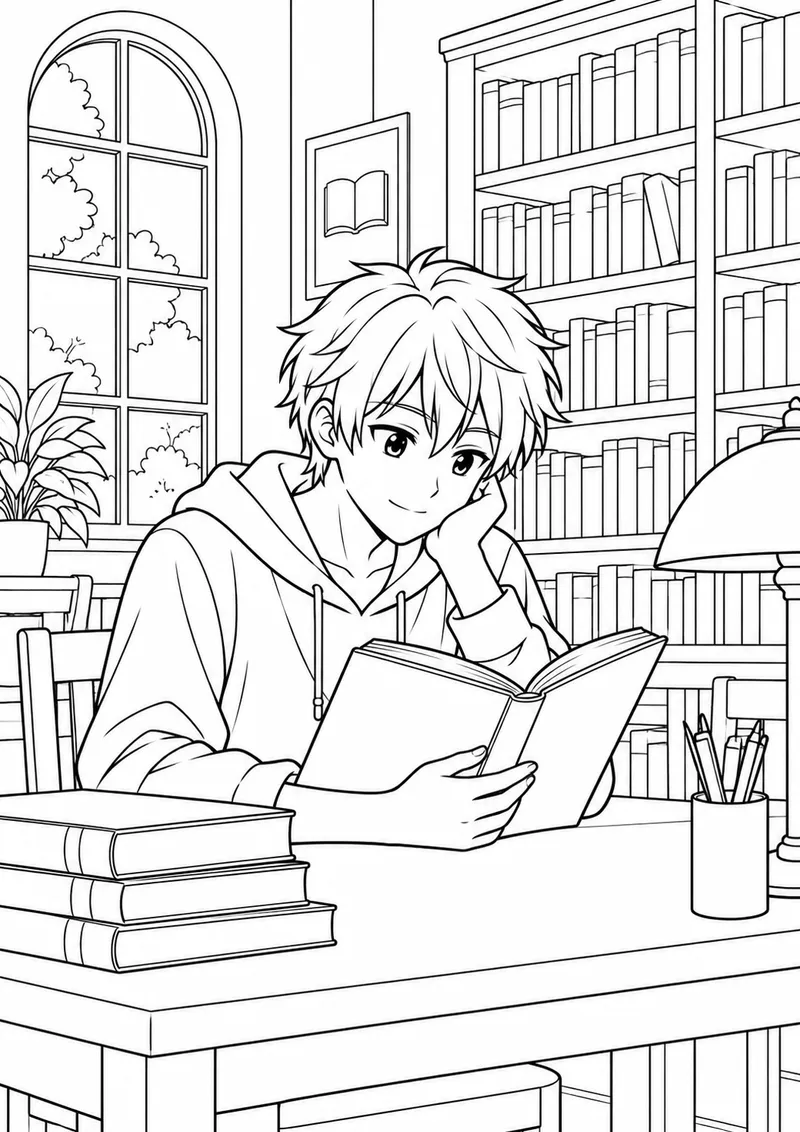 Jovem de estilo anime lendo na biblioteca para colorir