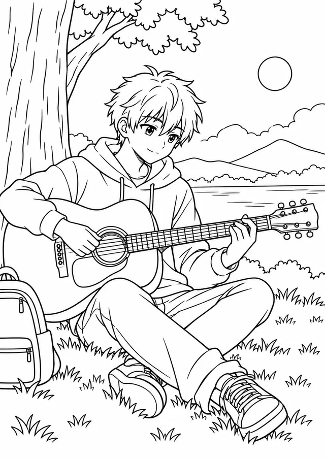 Jovem de estilo anime tocando violão para colorir