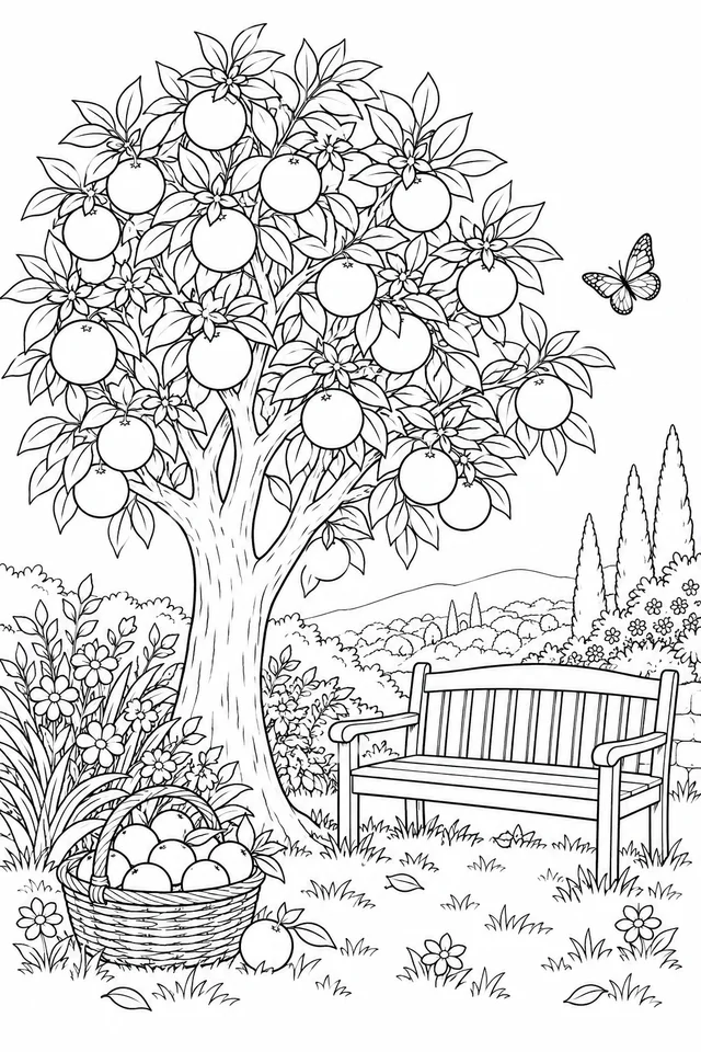 Laranjeira junto a um banco para colorir