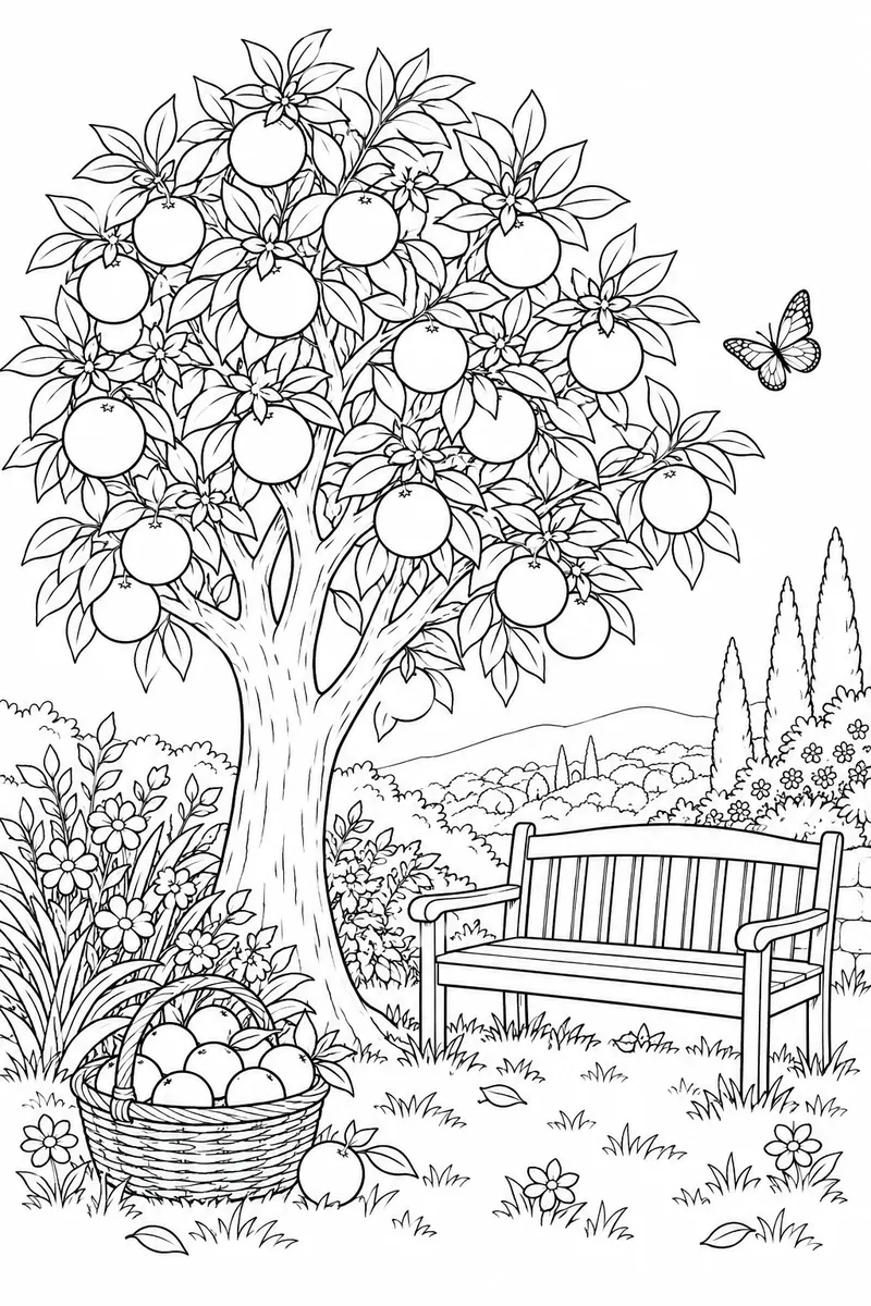 Laranjeira junto a um banco para colorir