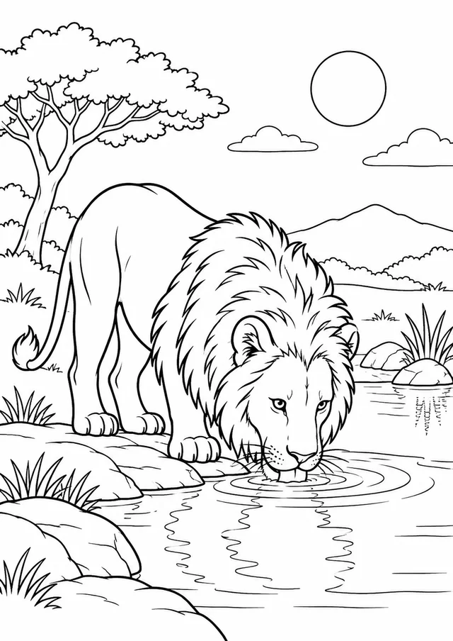 Leão bebendo água no lago para colorir