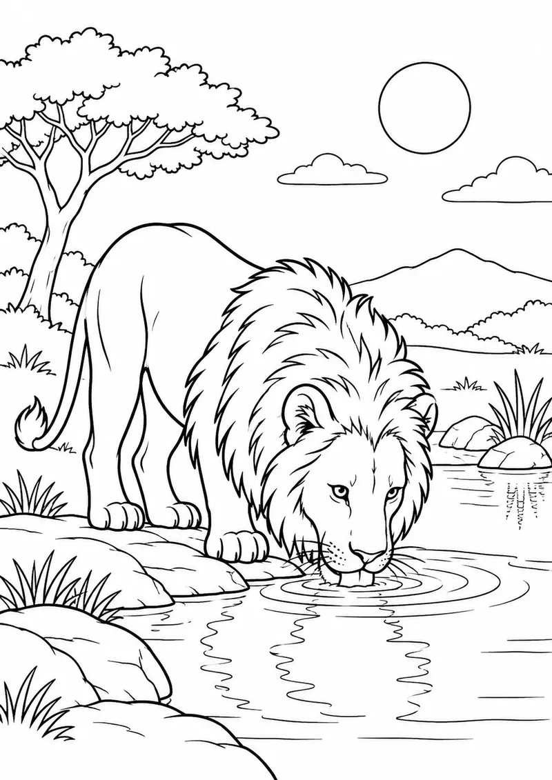 Leão bebendo água no lago para colorir