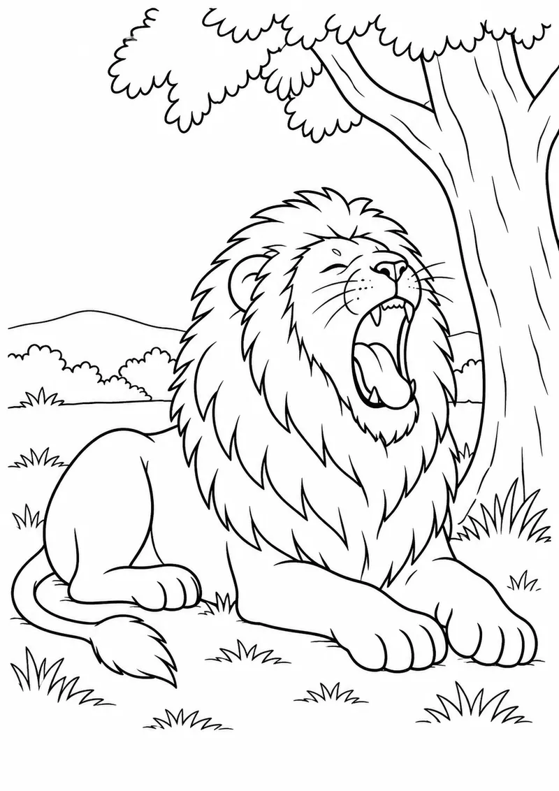 Leão bocejando junto a uma árvore para colorir