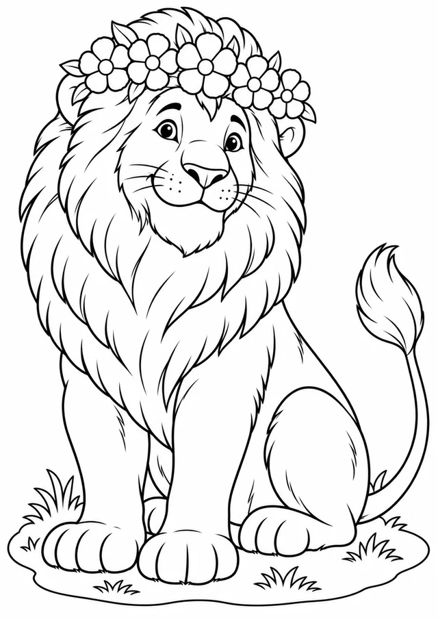 Leão com coroa de flores para colorir
