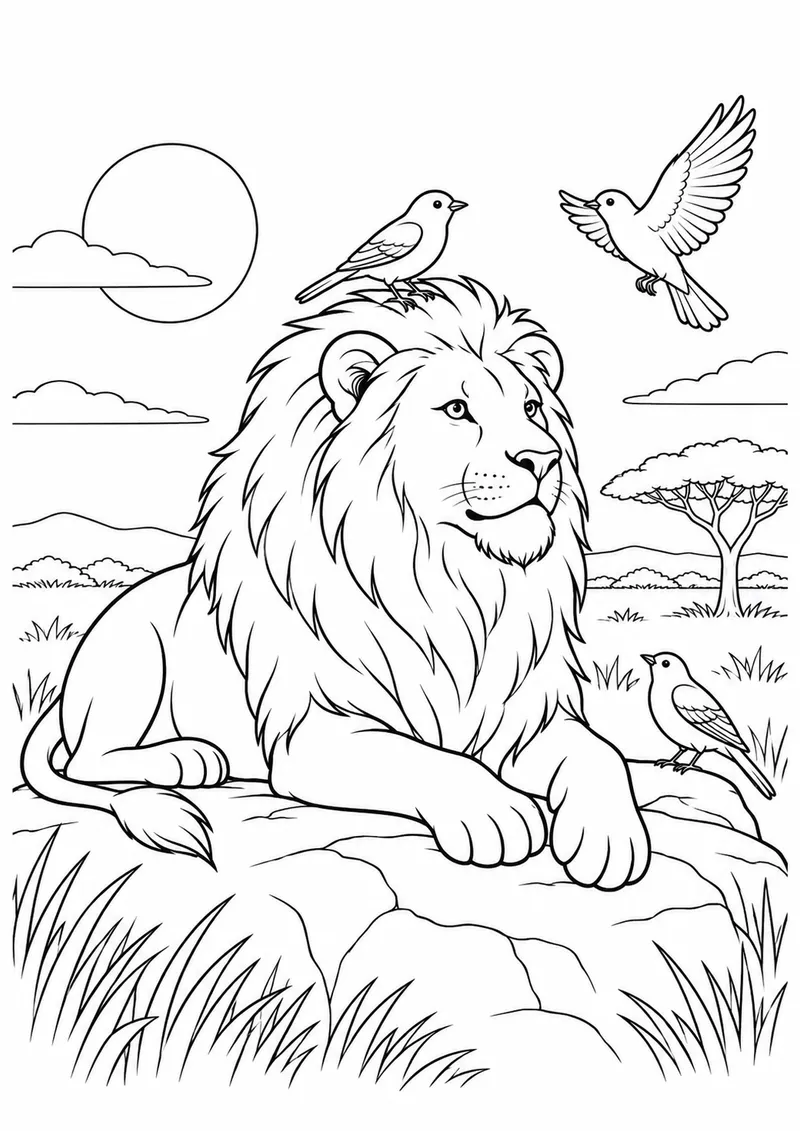 Leão com pássaros na savana para colorir