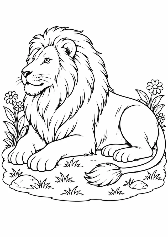 Leão deitado de perfil para colorir