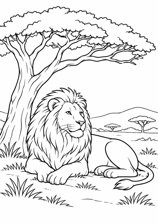 Leão descansando sob uma acácia para colorir