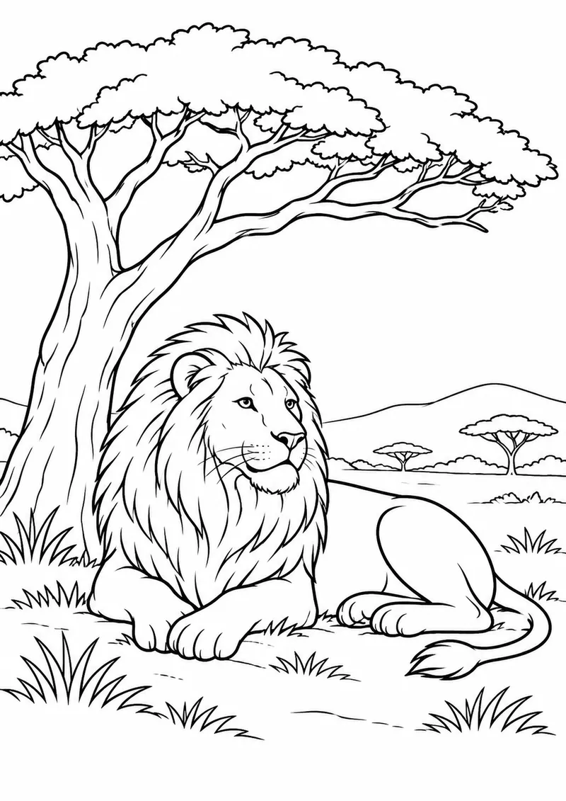 Leão descansando sob uma acácia para colorir