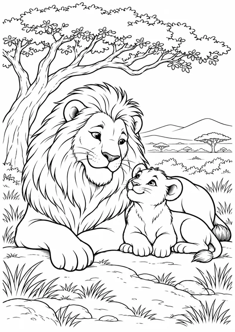 Leão e filhote na savana para colorir