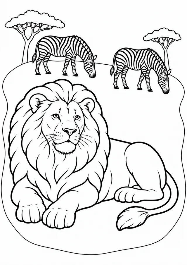 Leão e zebras ao longe para colorir