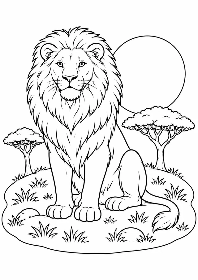 Leão no pôr do sol da savana para colorir