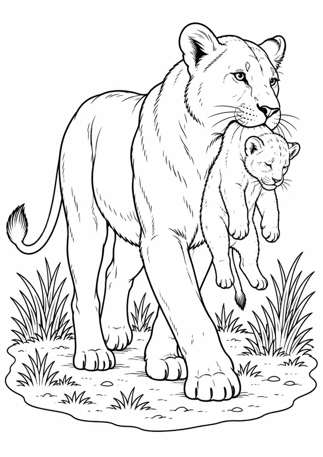 Leoa carregando filhote para colorir