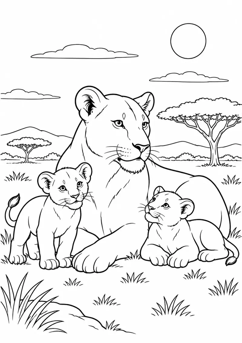 Leoa com filhotes na savana para colorir