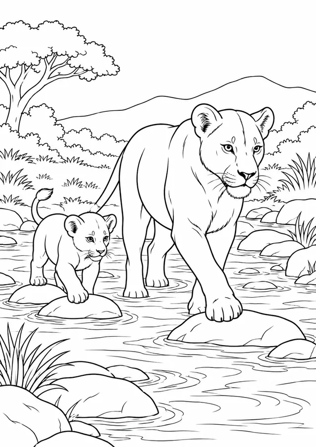 Leoa e filhote atravessando um riacho para colorir