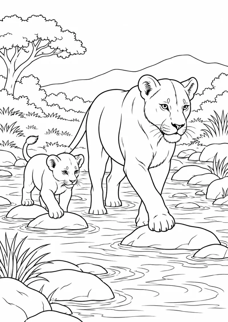 Leoa e filhote atravessando um riacho para colorir