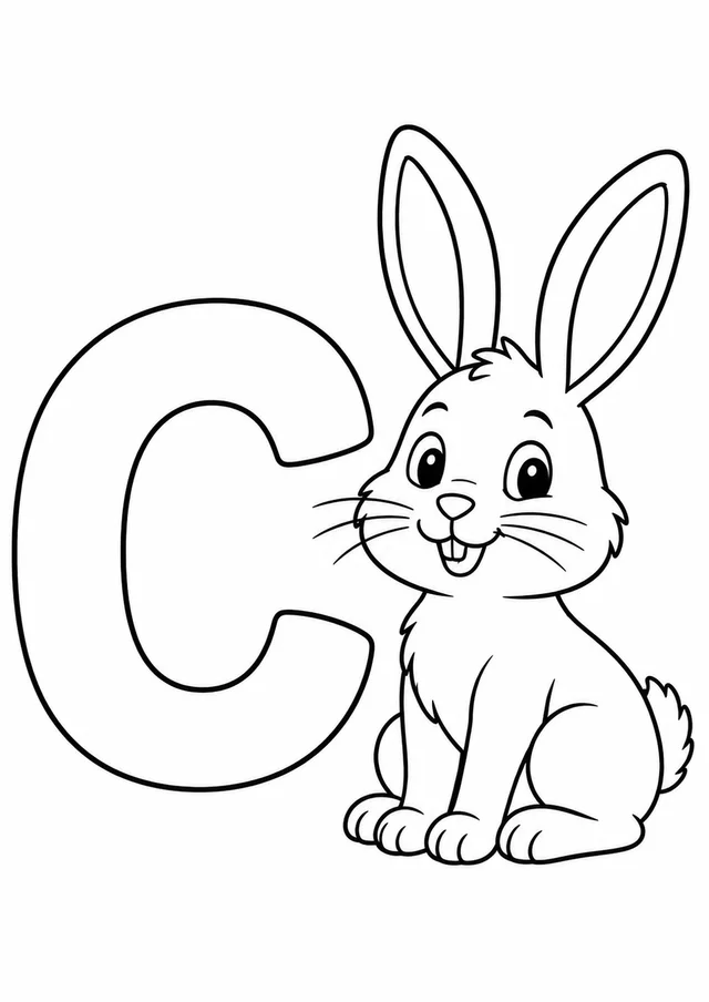 Letra C grande ao lado de um coelho para colorir