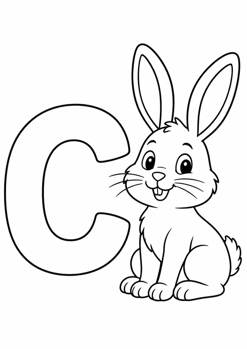 Letra C grande ao lado de um coelho para colorir