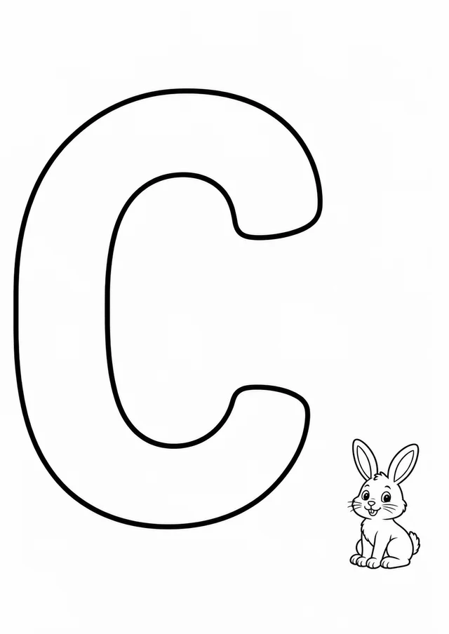 Letra C grande ao lado de um coelho para colorir