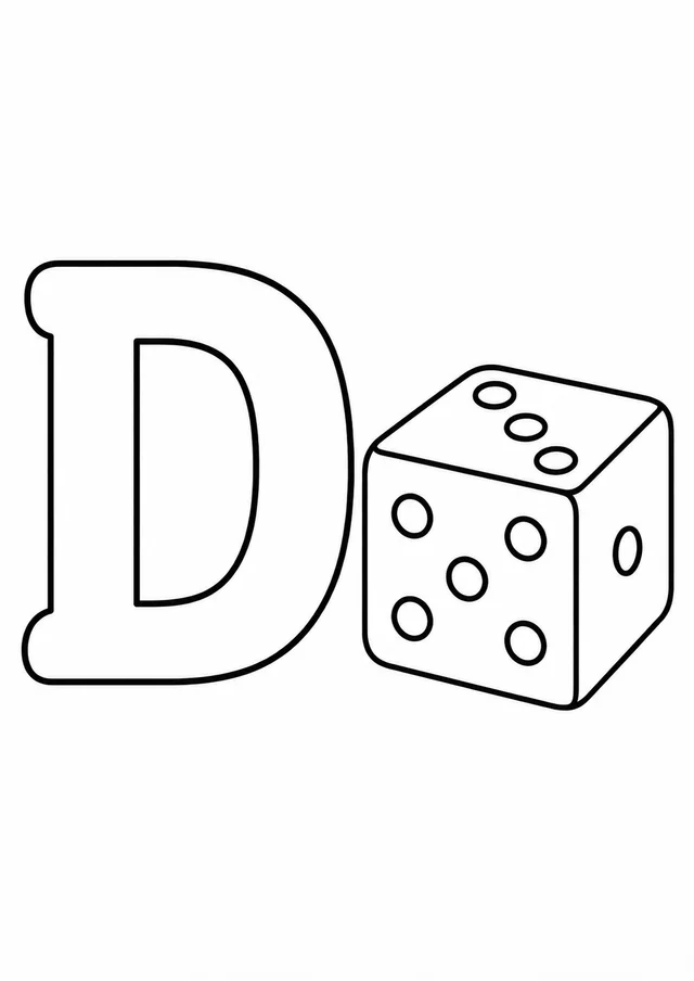 Letra D grande ao lado de um dado para colorir