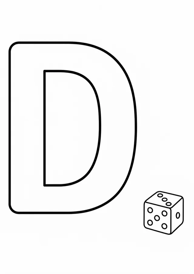 Letra D grande ao lado de um dado para colorir