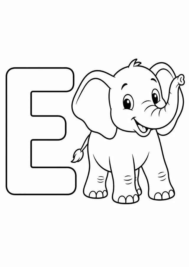 Letra E grande ao lado de um elefante para colorir