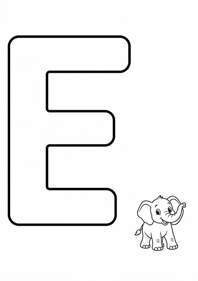 Letra E grande ao lado de um elefante para colorir