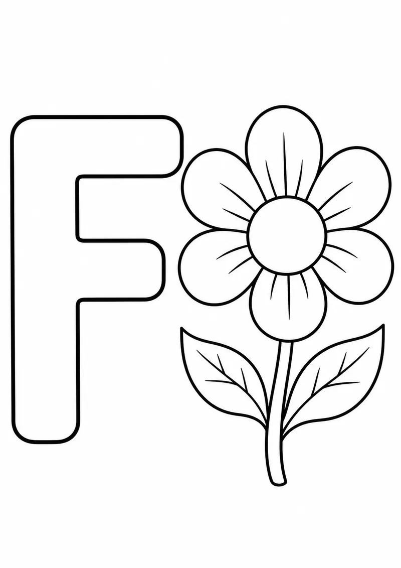 Letra F grande ao lado de uma flor para colorir