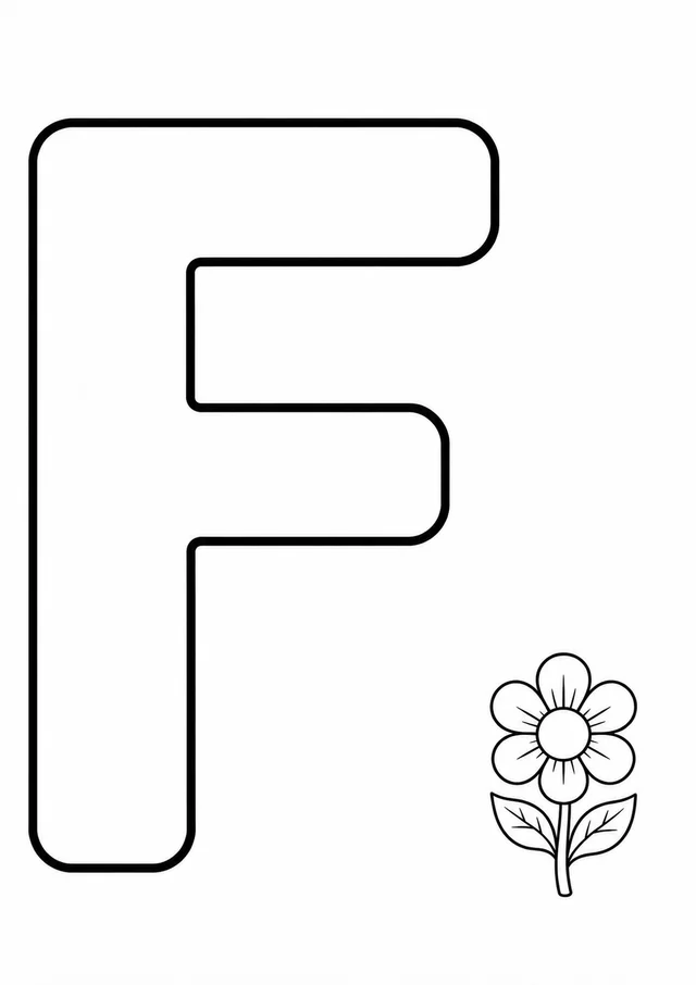 Letra F grande ao lado de uma flor para colorir