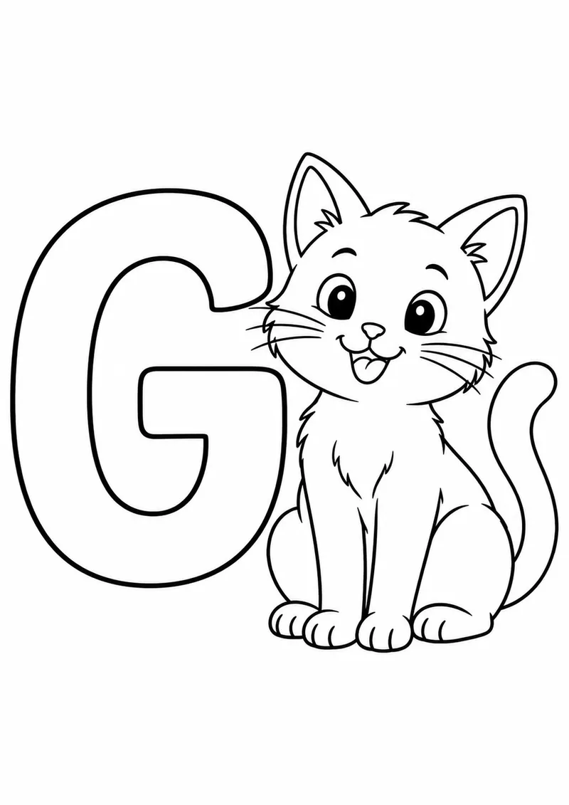 Letra G grande ao lado de um gato para colorir