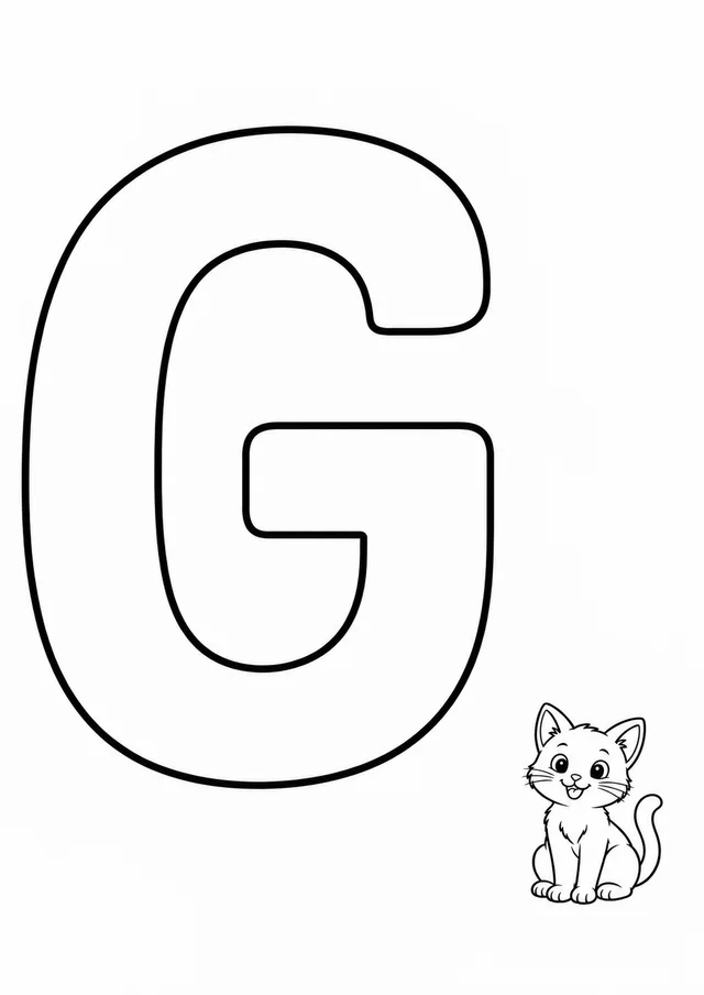Letra G grande ao lado de um gato para colorir
