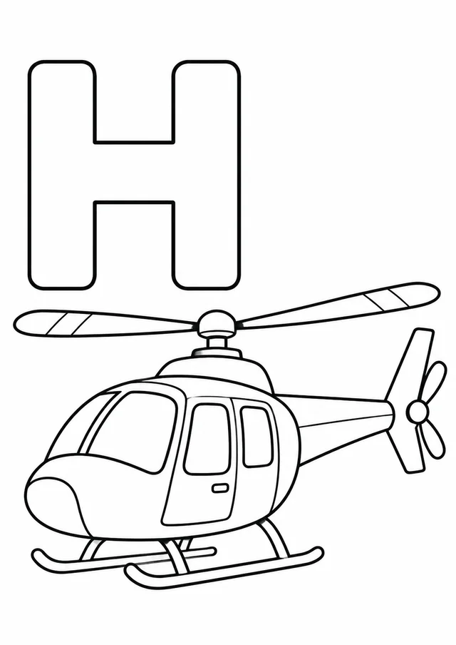 Letra H grande ao lado de um helicóptero para colorir