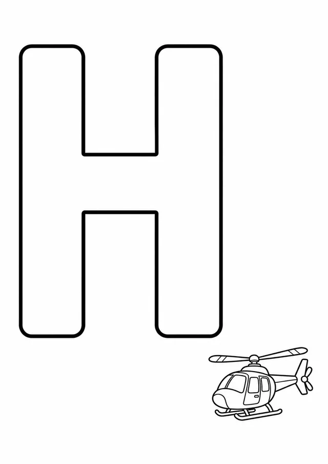 Letra H grande ao lado de um helicóptero para colorir