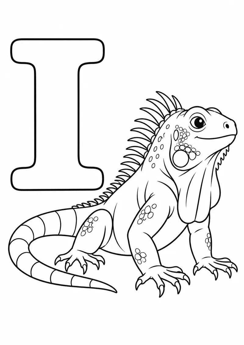 Letra I grande ao lado de uma iguana para colorir