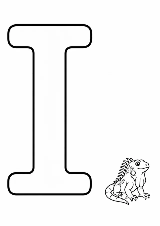 Letra I grande ao lado de uma iguana para colorir