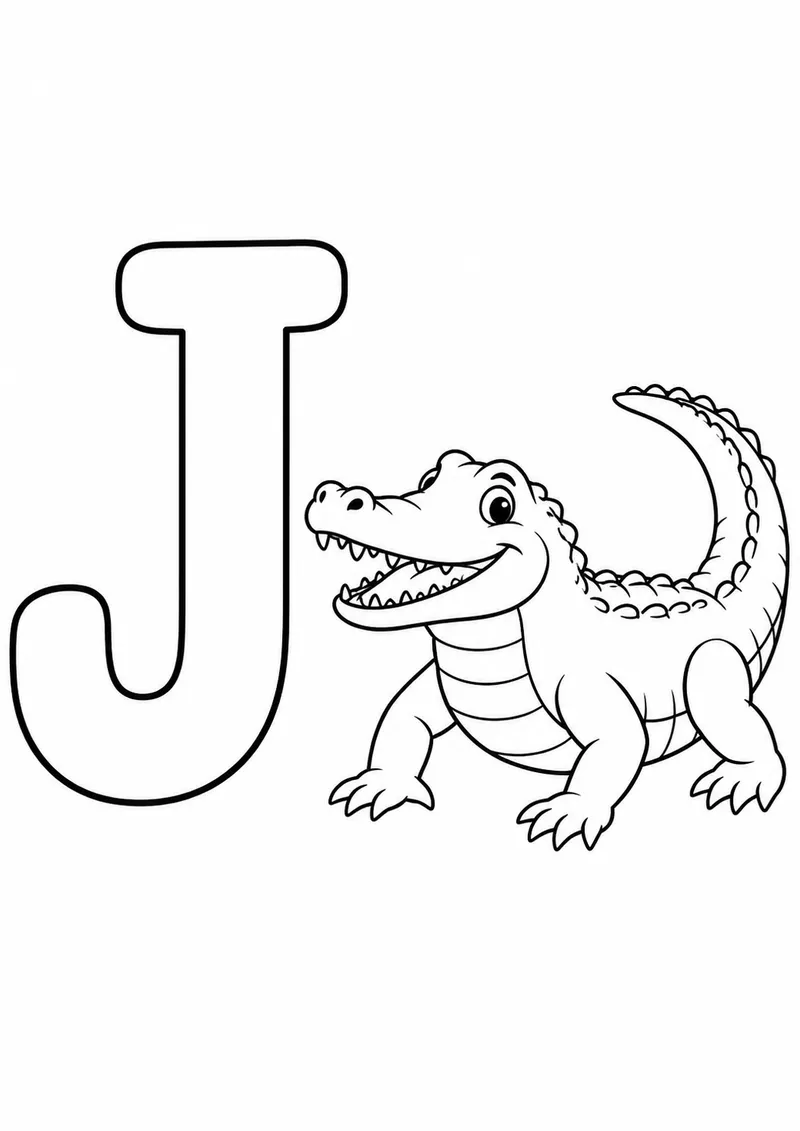 Letra J grande ao lado de um jacaré para colorir
