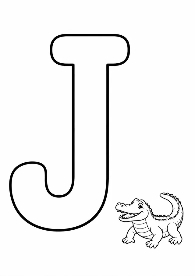 Letra J grande ao lado de um jacaré para colorir