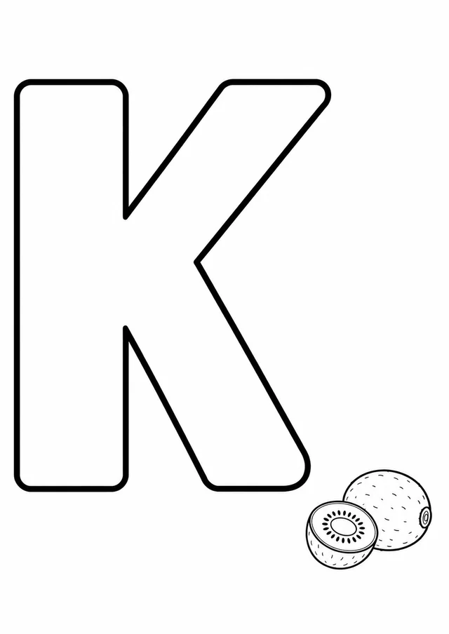 Letra K grande ao lado de um kiwi para colorir