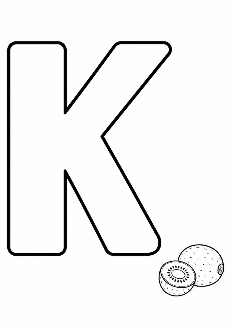 Letra K grande ao lado de um kiwi para colorir