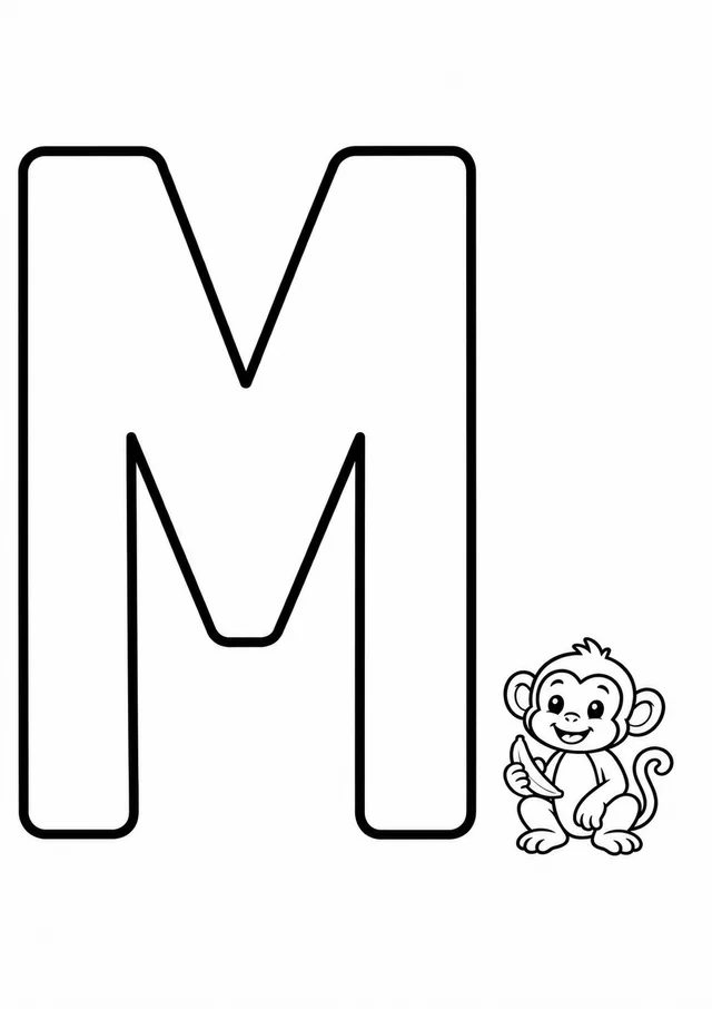 Letra M grande ao lado de um macaco para colorir
