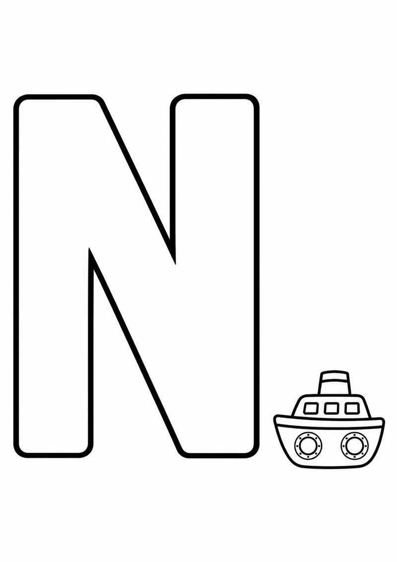 Letra N grande ao lado de um navio para colorir