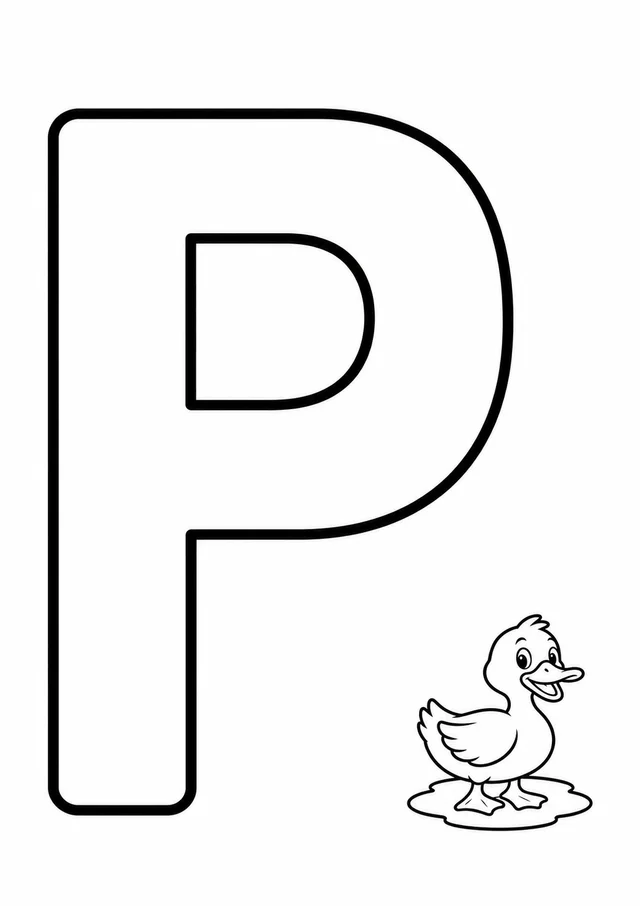 Letra P grande ao lado de um pato para colorir