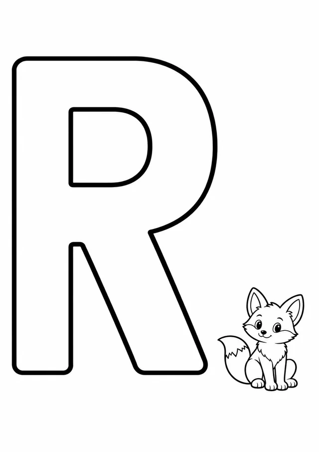 Letra R grande ao lado de uma raposa para colorir