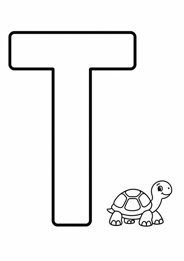Letra T grande ao lado de uma tartaruga para colorir
