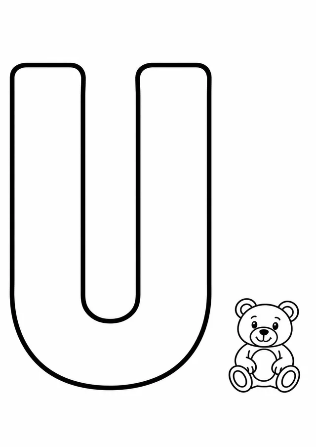 Letra U grande ao lado de um urso para colorir