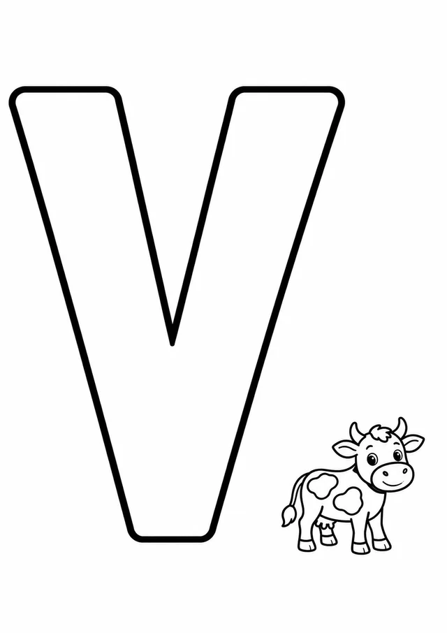 Letra V grande ao lado de uma vaca para colorir