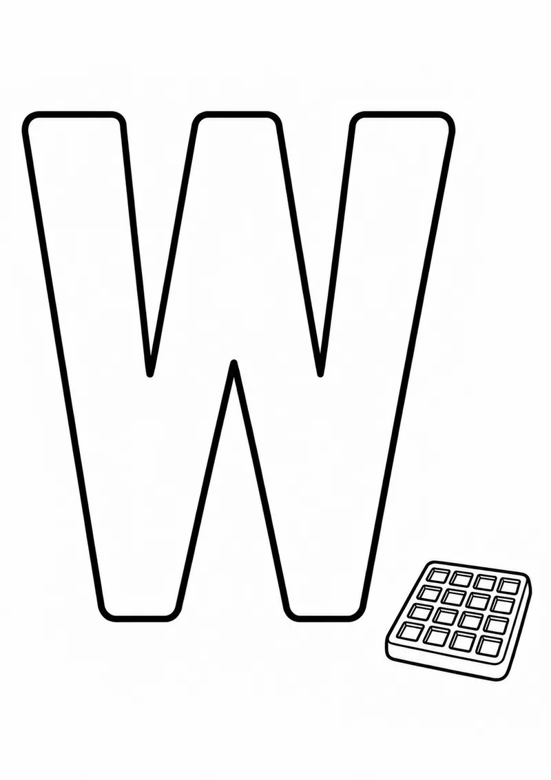 Letra W grande ao lado de um waffle para colorir
